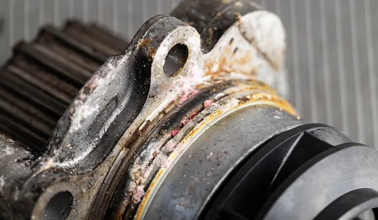 Old leaky water pump in the car due to the damaged seal