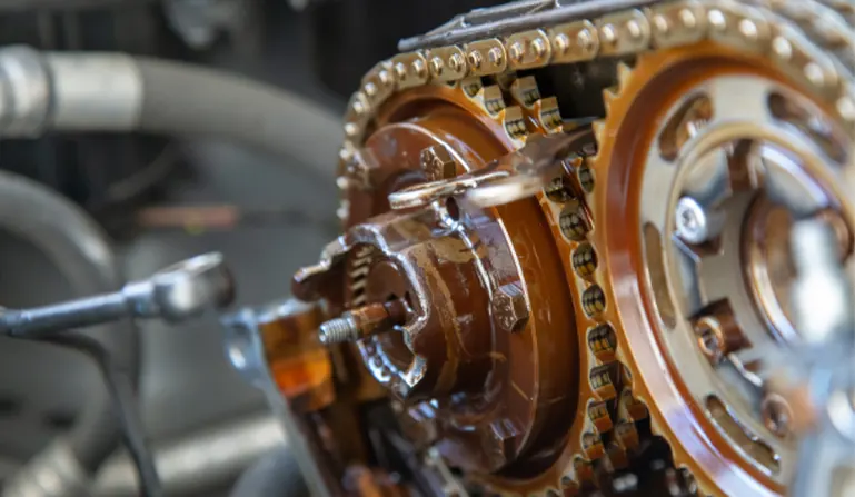 Closeup look of the Timing Chain in a Car